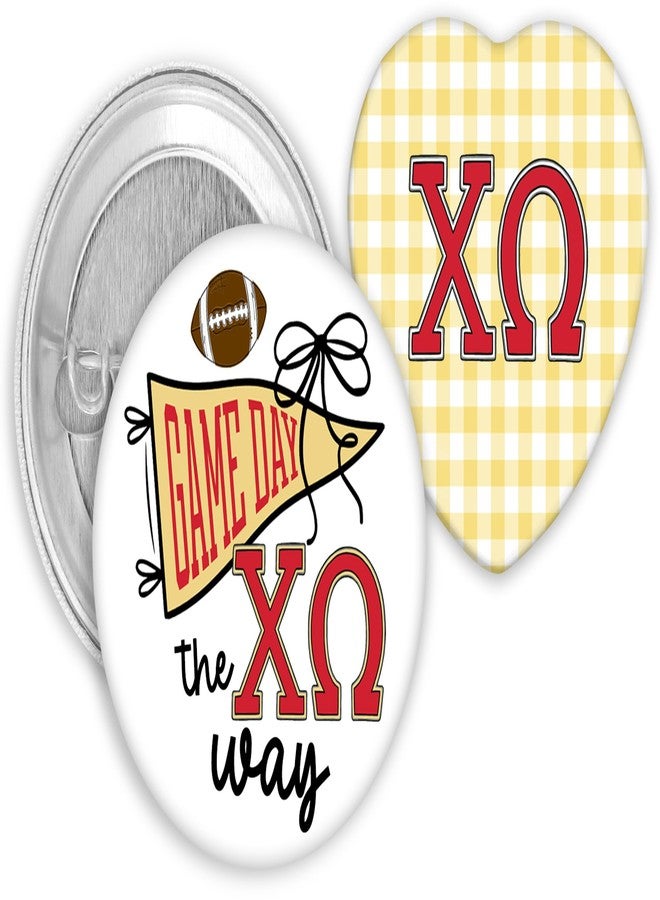 SCRAPHEART Chi Omega Sorority 2-Pin Button Set, Licensed Chi O Game Day Pin and Heart-Shaped Gingham Button Set, ChiO Big Little Gift, Bid Day Favors, Greek Life Cute Sorority Accessories, Chi Omega Gifts - Image 1